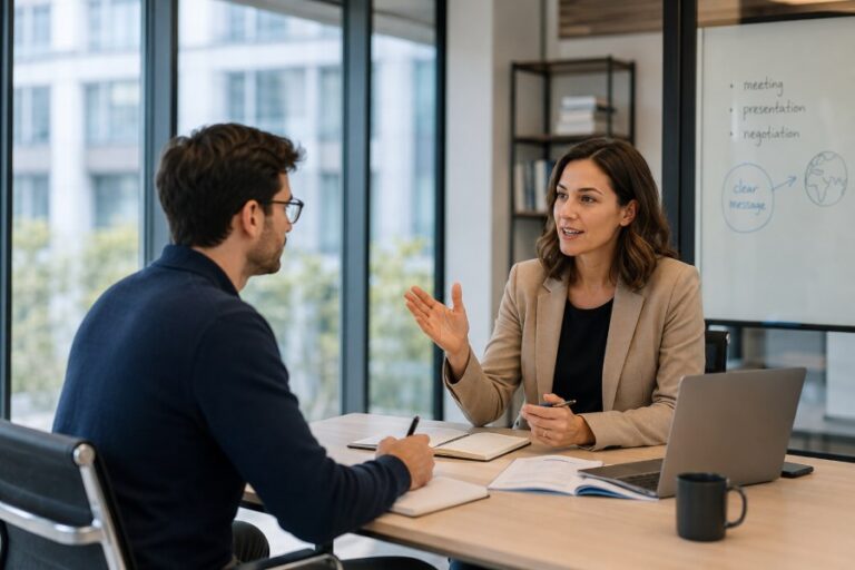 Language Coach trabajando con un profesional para aplicar el idioma en situaciones reales de comunicación en el entorno laboral.