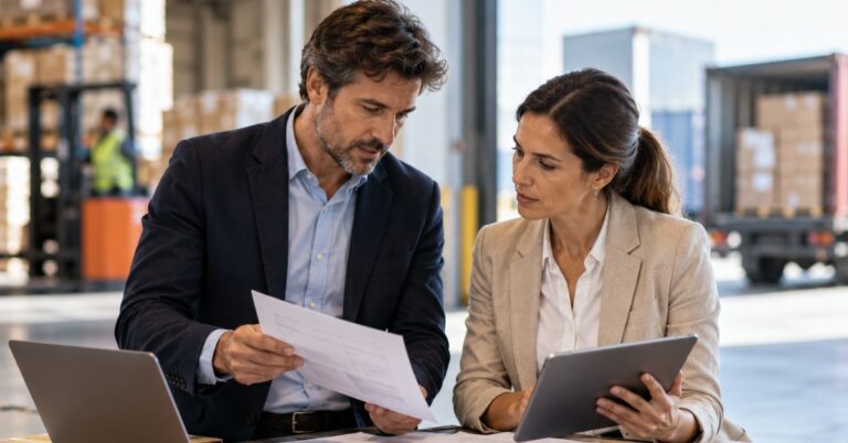 Dos profesionales revisan documentación comercial y logística en el almacén de una empresa exportadora.