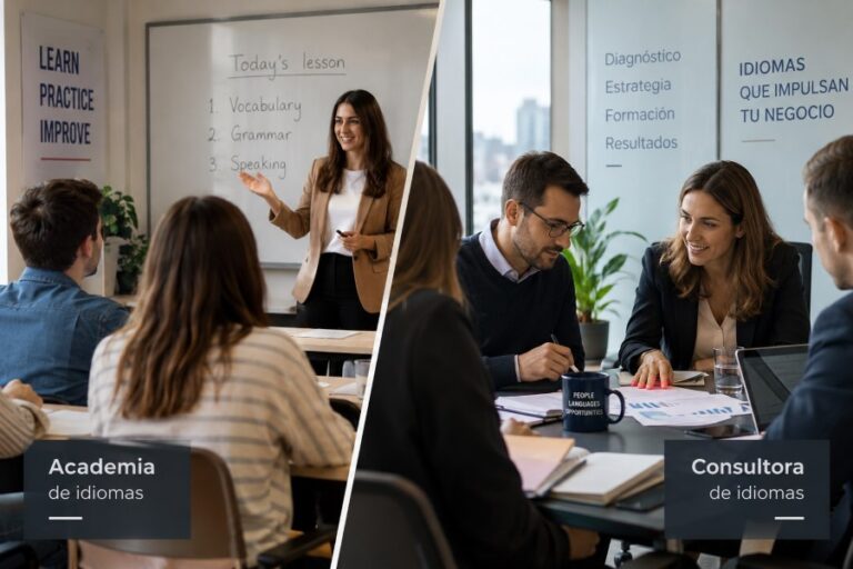 Profesionales comparando una academia y una consultora de idiomas.