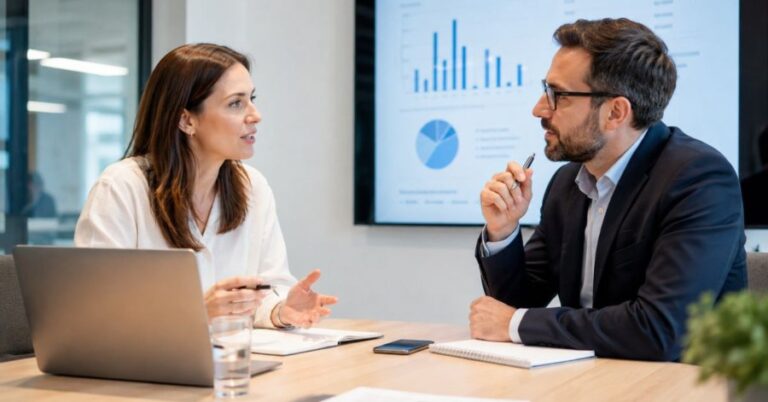 Profesional practicando una situación de trabajo en una formación de idiomas.