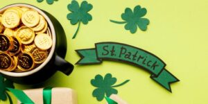 Tréboles, regalos y olla de oro de San patricio