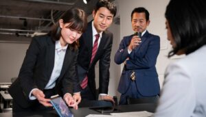 Profesionales coreanos negociando con empresas extranjeras.