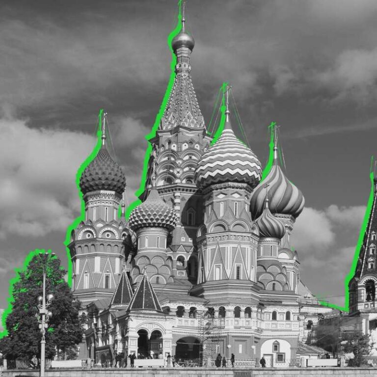 Catedral de San Basilio en BN que simboliza el protocolo ruso de negociación de Kleinson.