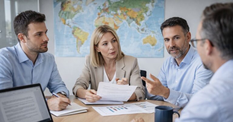 Grupo de profesionales revisando indicadores y tomando decisiones estratégicas en un contexto internacional.