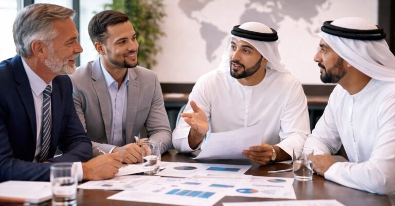 Grupo diverso de profesionales de distintos orígenes culturales trabajando juntos en una reunión estratégica global.