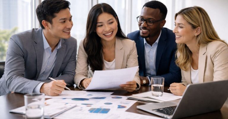 Profesionales de distintos países analizando una propuesta estratégica en un entorno corporativo internacional.