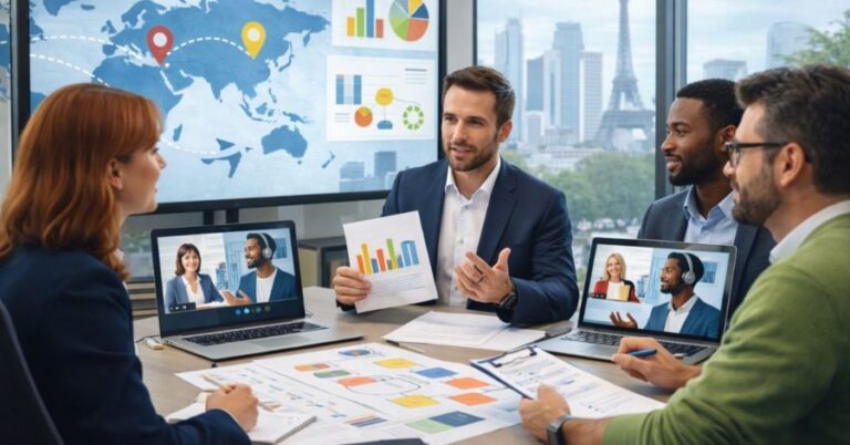 Directivo coordinando equipos internacionales en una reunión entre sedes.