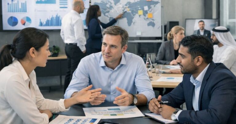 An international team collaborating across markets, representing the alignment of communication, behaviour and business objectives in global environments.