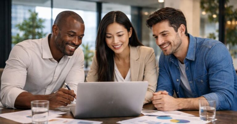 Equipo internacional trabajando desde distintas sedes conectadas entre países.