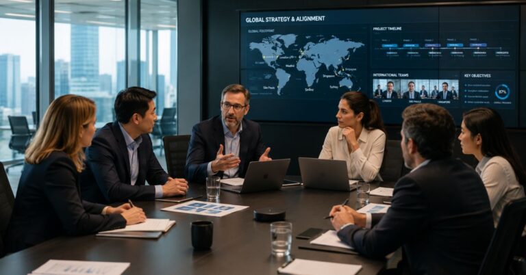 International team discussing strategy and alignment during a global business meeting.