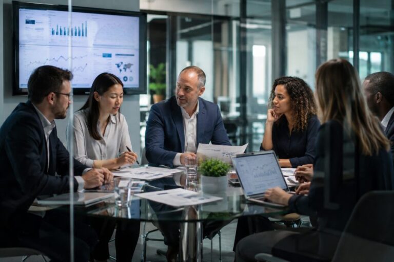 International professionals discussing strategy during a cross-border business meeting to improve international team performance.