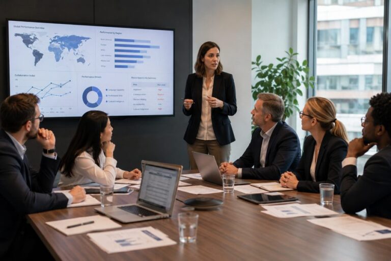 International managers reviewing team performance during a multinational performance audit meeting.