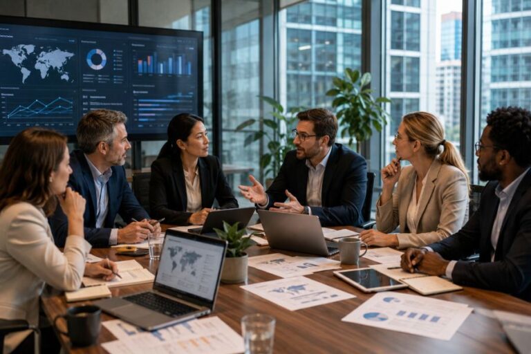 International leadership team discussing strategy and alignment during a multinational business meeting.