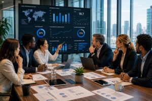 International leadership team analysing cross-border team performance metrics during a strategy meeting.