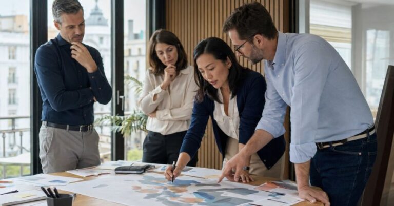 International business team analysing a complex cross-market project during a facilitated training session.