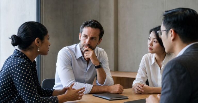 International manager observing colleagues’ reactions before responding in a cross-cultural business discussion.
