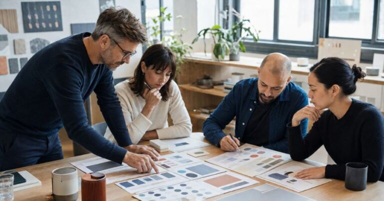 Business leader reviewing an international market readiness assessment with his team around a project table.